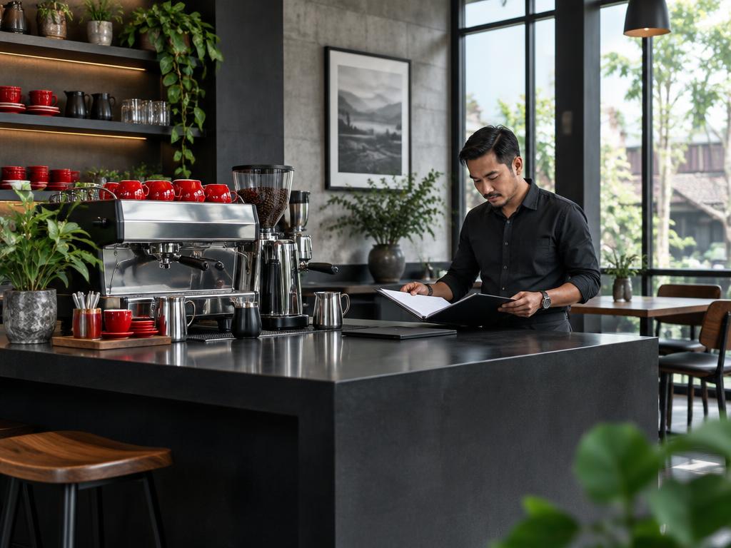 Pemilik usaha kafe memeriksa dokumen